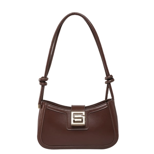Brown French style minimalist shoulder bag with elegant gold metal S-shaped buckle and knot strap