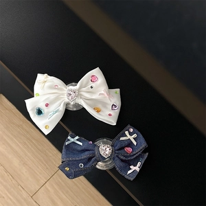 Rhinestone bow phone grip stand in white satin and blue denim styles for girls