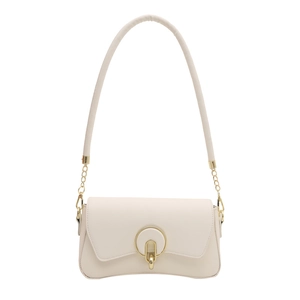 Fashionable cream white rectangle crossbody bag with gold chain and round swivel lock