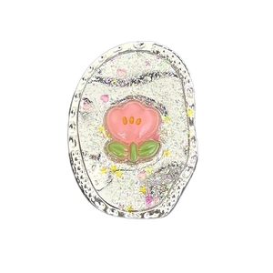 Pink tulip flower and rabbit glitter phone grip stand with silver glitter finish base