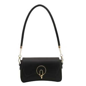 Minimalist black box shoulder bag with golden round buckle closure and metal chain strap