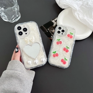 Bow heart mirror and cherry patterns on marble style silicone iPhone case set