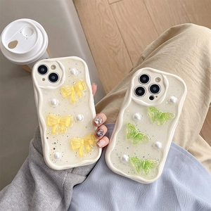 3D Schmetterling Perlen Handyhülle für iPhone mit gelben und grünen Schleifen Design