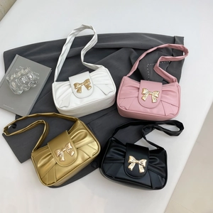 Women PU Leather Pleated Underarm Bag With Gold Bowknot Buckle Trendy French Niche Baguette Shoulder Bag Elegant Versatile