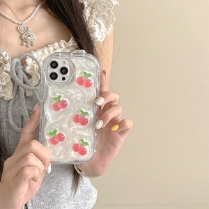Pearlescent white wave texture iPhone case with 3D cherry accents and wavy edges