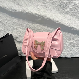 Pink pleated underarm bag with golden bow clasp, stylish French style baguette shoulder bag