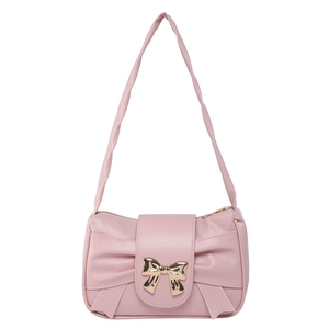 Pink pleated shoulder bag with bow design and gold butterfly metal lock on white background