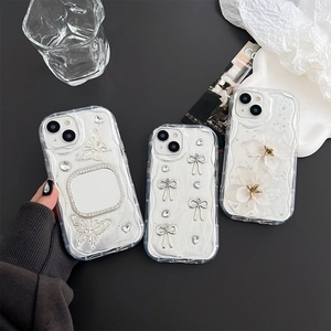 Sparkly rhinestone mirror phone case for iPhone 16 17 with 3D butterfly and floral designs
