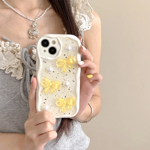 Off-white Wellenkante Handyhülle mit 3D gelben Schleifen und Perlen für iPhone