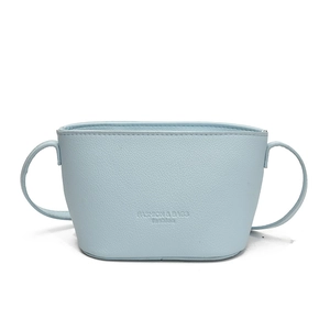 Modern light blue litchi grain bucket bag with crossbody strap on white background