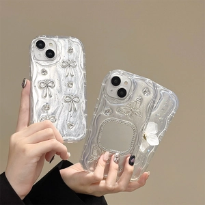 Silver mirror phone case for iPhone with 3D butterfly bow and wavy edge protection