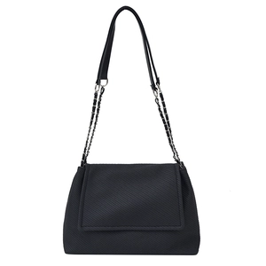 Chic black twill fabric tote bag with elegant silver chain strap and flap closure design