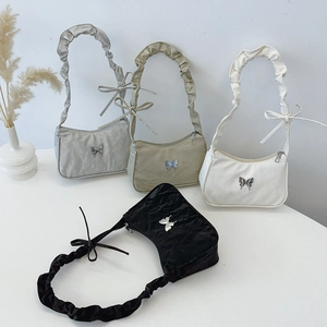 Women Pleated PU Leather Underarm Bag Butterfly Metal Decor Ruched Shoulder Strap Bow Crossbody Handbag Zipper