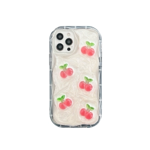 Bow heart mirror phone case for iPhone with pearl white texture and 3D red cherries