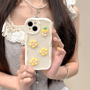 Glitter iPhone case with 3D yellow flowers and cute character on wavy cream border