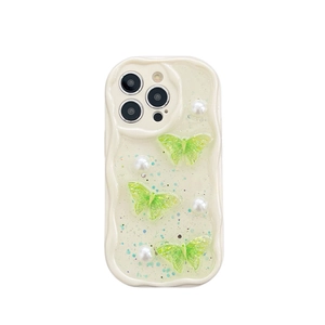 Cremefarbene Wellen-Handyhülle für iPhone mit 3D-Schmetterlingen und Perlen