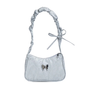 Light blue pleated shoulder bag with ruffle strap and silver butterfly logo detail