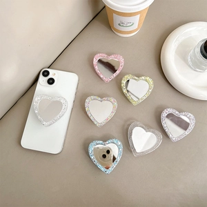 Heart Shaped Mirror Phone Grip Glitter Expandable Stand Universal Sparkly Foldable Mobile Bracket Fashionable Accessory