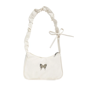 Chic cream white hobo bag with pleated shoulder strap and silver butterfly accent