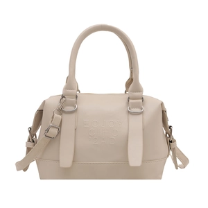 Minimalist beige Boston handbag with top handles and adjustable shoulder strap