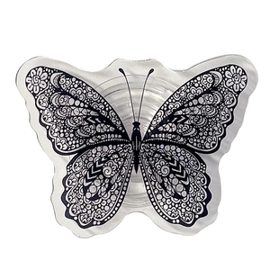 Transparent acrylic butterfly phone grip with black mandala pattern and retractable stand