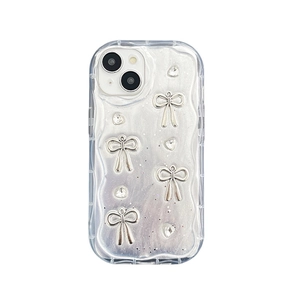 Glitter transparent iPhone case with silver metal bows, rhinestones and wavy edges