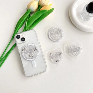 Glitter heart phone socket with silver bow on clear case with tulip background
