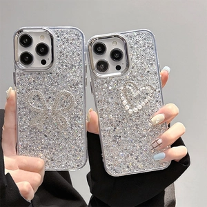 Silver Glitter Rhinestone Bow Heart Sparkle Phone Case For IPhone Luxury Artificial Pearl Electroplated Frame Protective Back Cover