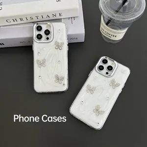 White rhinestone butterfly phone case for iPhone with fluid texture and lens protection
