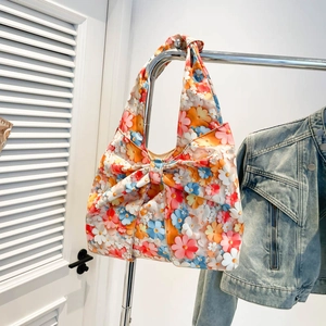 Floral print shoulder bag with large bow decoration for women in artistic casual style