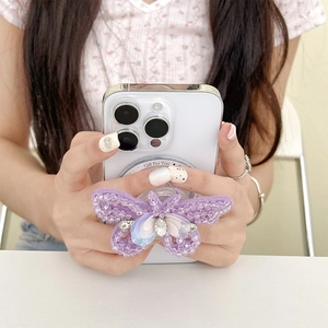 Sparkling rhinestone butterfly phone socket stand with 3D lavender beads and crystal accents