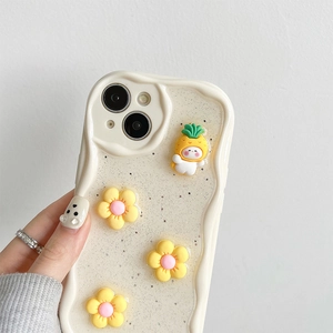 Detail of cream wavy phone case featuring glitter finish and 3D floral panda character
