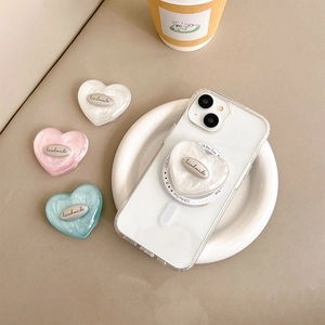 Lot de supports de téléphone cœur en résine blanc, rose et bleu avec étiquette métal
