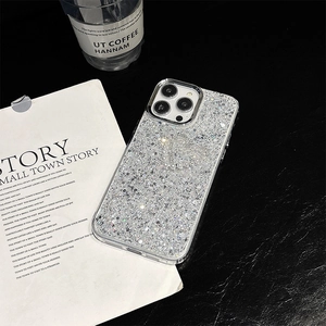 Detail of silver glitter phone case with pearl rhinestone heart for iPhone 13/14 Pro