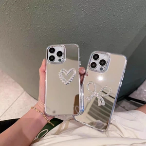Coque De Téléphone Miroir Strass Nœud Cœur Cadre Galvanisé Tpu Housse De Protection Luxe Mode Pour Femmes Filles