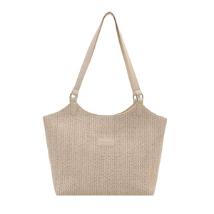 Large straw tote bag with beige woven texture, PU shoulder straps and fashion logo patch