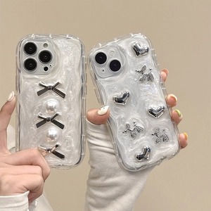 Custodia Morbida per Telefono Ins Style Creamy Wave Perla Fiocco Cuore Glitter Cover Protettiva Elegante Accessorio Estetico