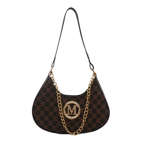 Brown monogram saddle bag with golden M-logo and dual chain shoulder straps