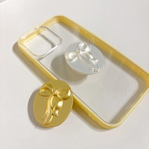 Metallic oval bow phone grip stand with gift engraving on clear protective case