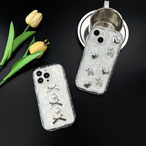 Elegante custodia per telefono con fiocchi di perle e ciondoli per iPhone 16 Pro Max
