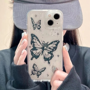 Clear iPhone case with electroplated butterfly pattern and silver foil glitter stars
