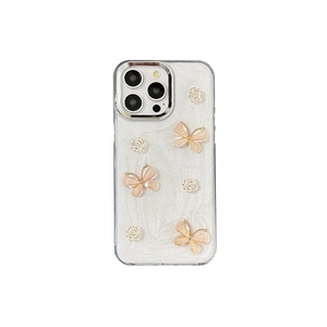 Coque iPhone à paillettes avec papillons 3D rose poudré et fleurs argentées élégantes