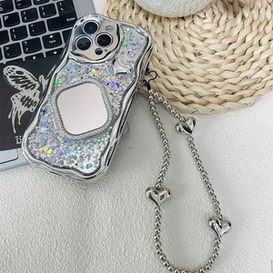 Luxury silver glitter iPhone case featuring a square mirror and heart bead wrist strap