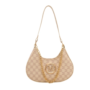 French vintage beige hobo bag with M-letter monogram print and gold chain strap