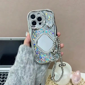 Bling glitter iPhone case featuring square mirror and heart charm bead chain handle