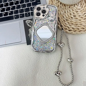 Silver glitter iPhone case with square mirror and heart beaded lanyard strap