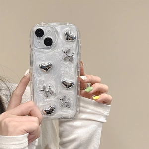 Custodia per iPhone bianca glitterata effetto crema con cuori e cani 3D argentati