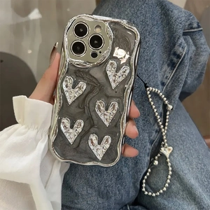 Fashion Electroplated Wrinkled Heart Phone Case With Metallic Beaded Chain Strap Protective Wave Edge Smartphone Shell Cover