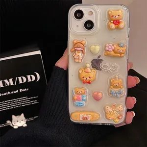 Cute 3D resin bear and bow design clear phone case for iPhone 15 Pro Max with glitter