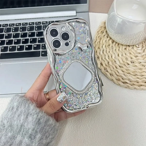 Luxury sparkly glitter iPhone case with square mirror and heart detail silver frame